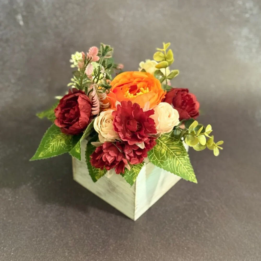 Fall Faux Floral Arrangement in Rustic Wooden Box – Home or Office Decor